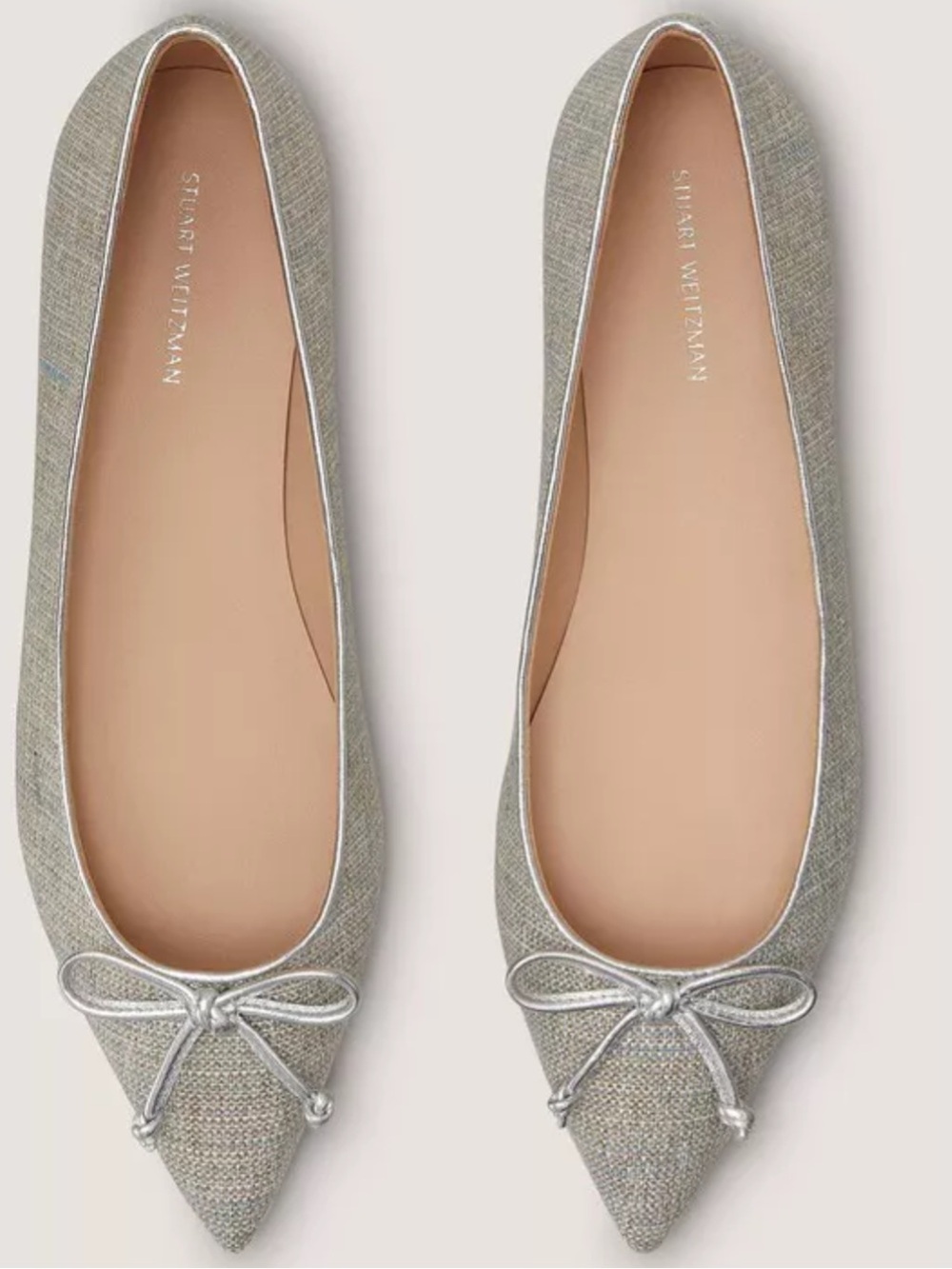 Stuart Weitzman Gabby Bow Pointed  Womens Flats in Gray Shimmery Fabric Sz. 7